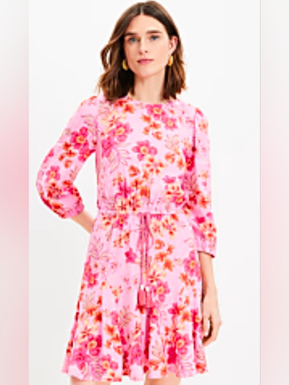 LOFT Pink Floral Tie-Waist A-Line Dress